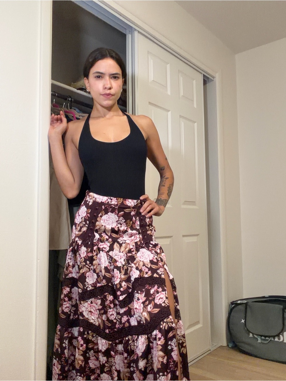 Altar'd State Floral Tiered Maxi Skirt in Burgundy and Pink